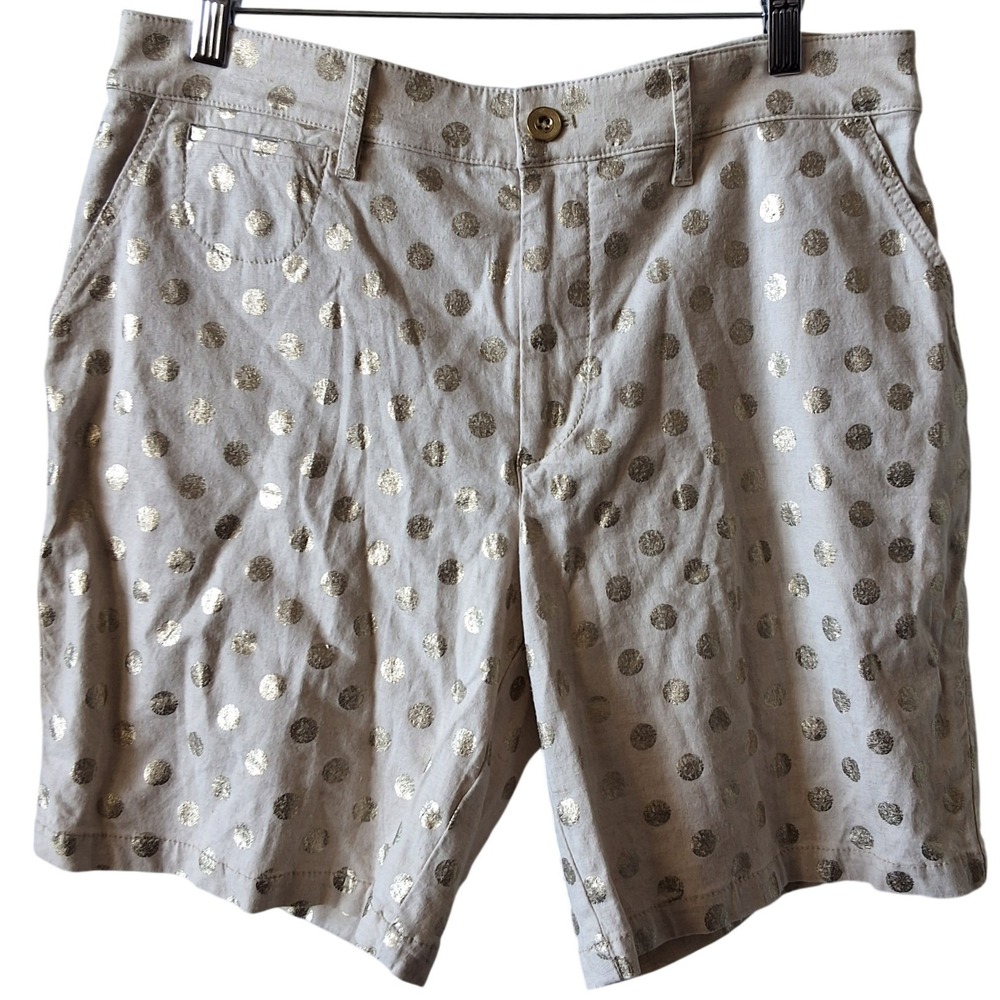 Anthropologie Gold Metallic Polka Dot Linen Blend Shorts Tan Beige‎ Size 30